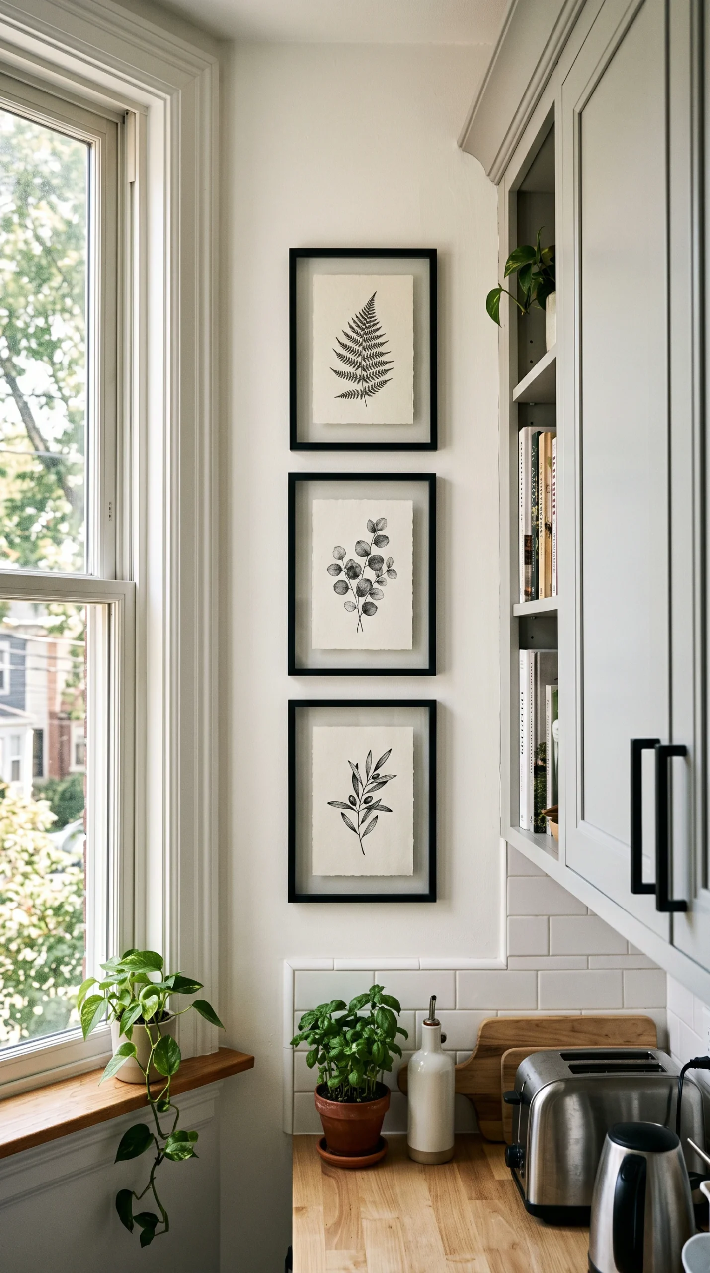 Three identical matte black frames stacked tightly in a tall vertical column on a narrow kitchen wall, located between a large window and grey cabinets in a compact galley kitchen setting.