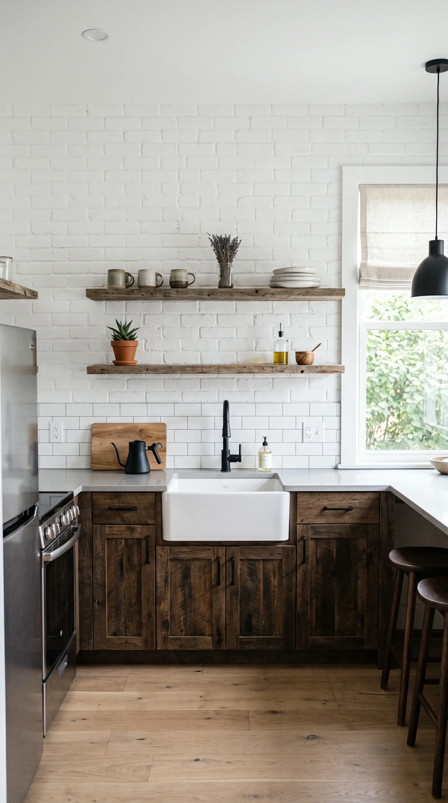 small rustic modern kitchen ideas with floating shelves