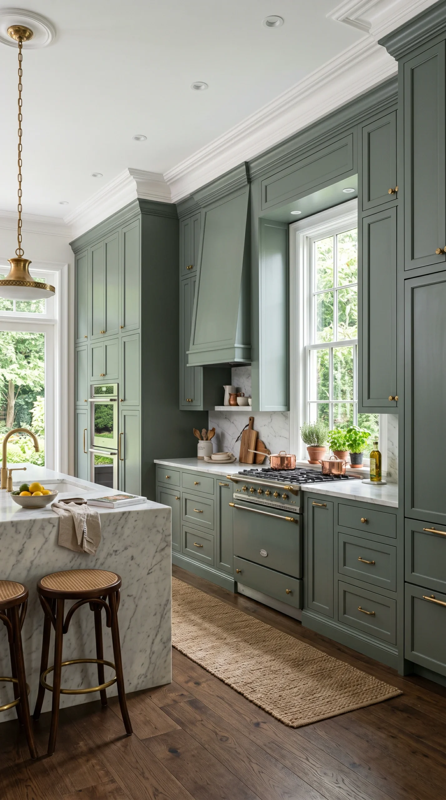 A vertical photograph of a high-end kitchen with deep sage green cabinetry, dark wood floors, marble countertops, and a large central window.