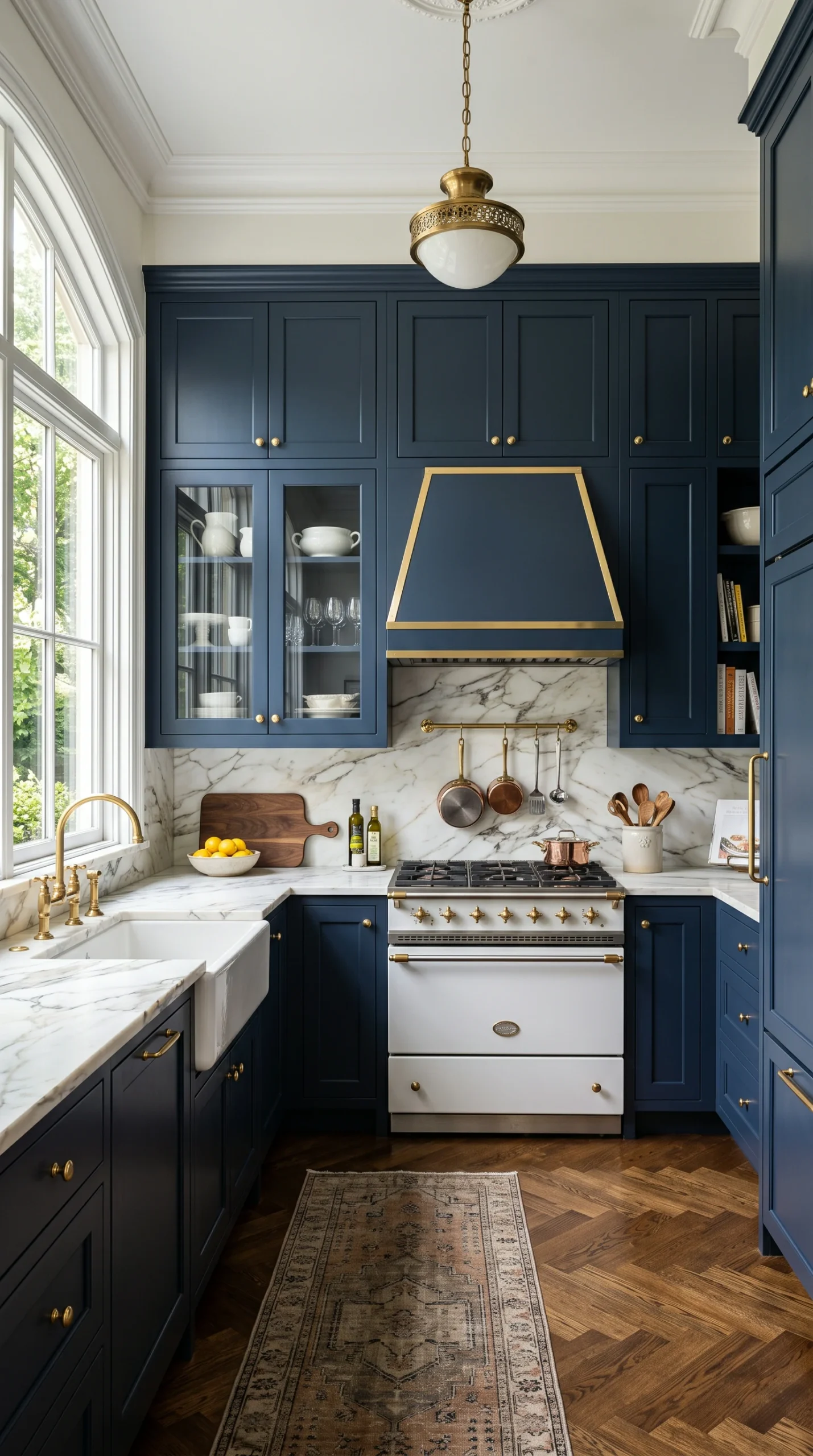 Deep navy blue shaker-style kitchen cabinetry contrasted with white marble counters.