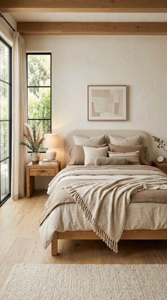 Organic modern bedroom with linen bedding in oatmeal and taupe tones.