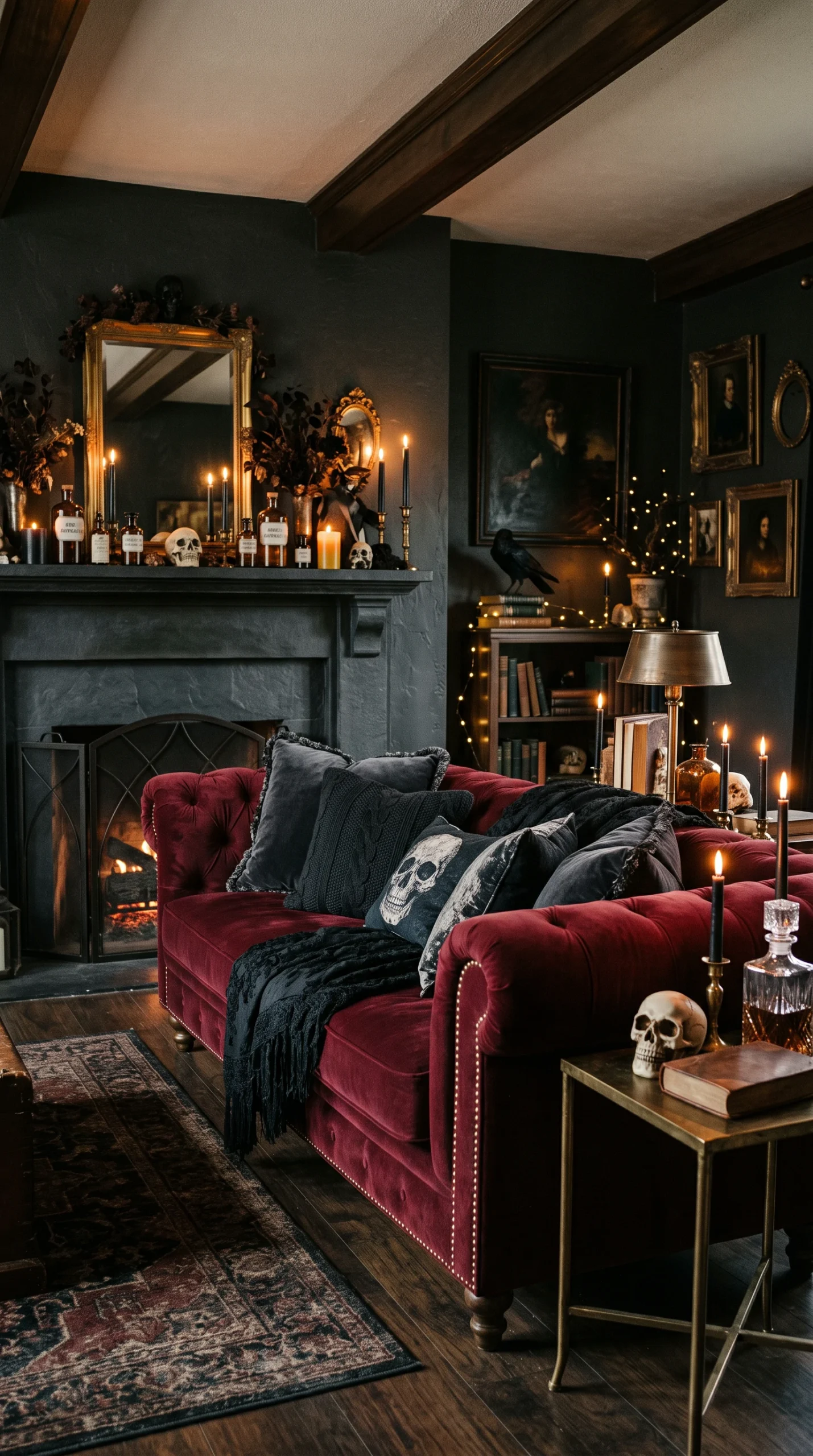 Deep burgundy velvet couch in a moody Halloween-decorated living room with a fireplace and skulls.
