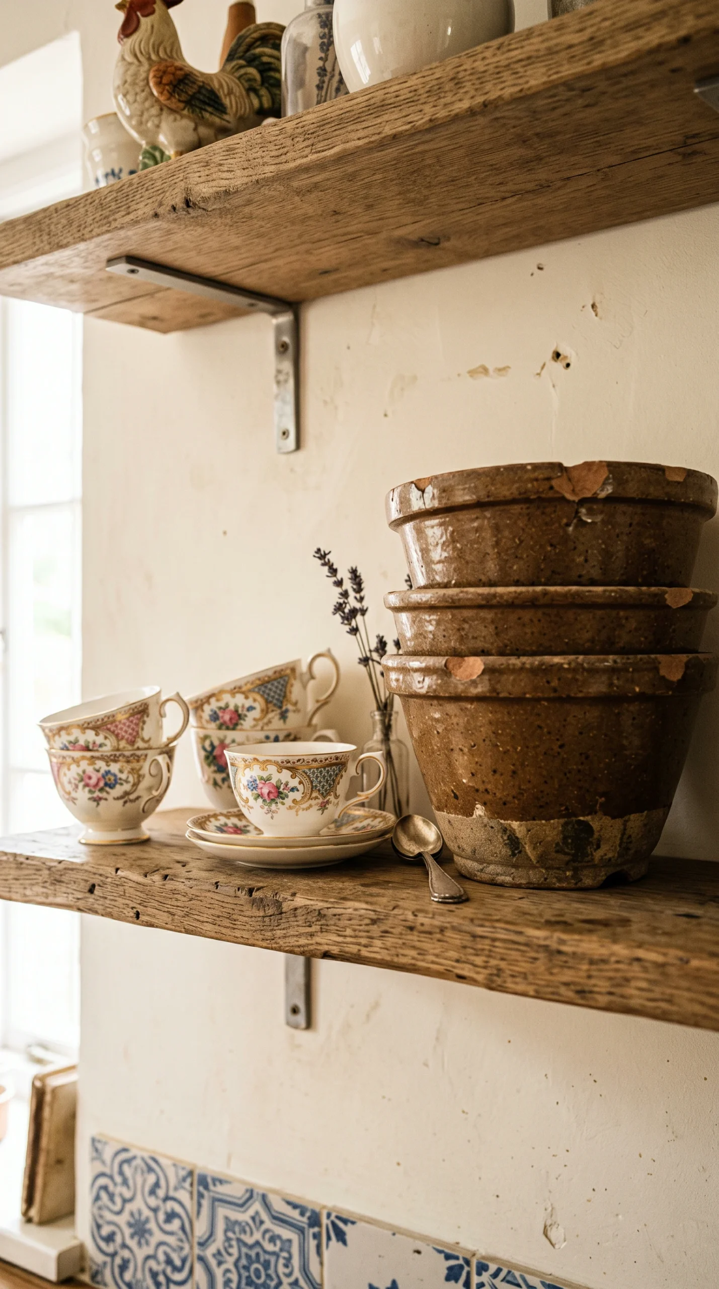 A detailed view of rustic wood shelving with contrasting delicate painted porcelain teacups and rough, chipped brown stoneware mixing bowls.