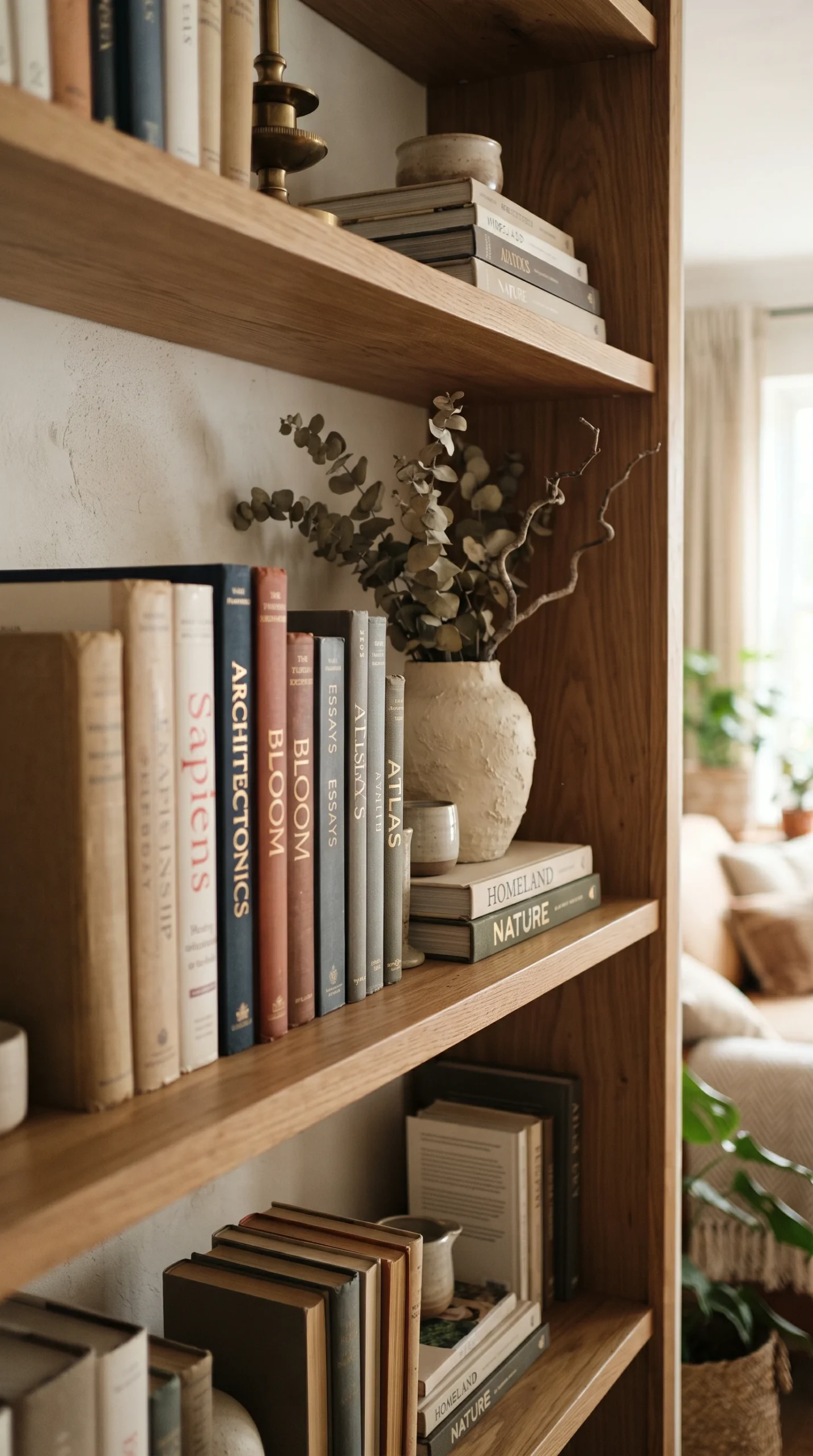 Vertical structural photography of carefully crafted bookshelf styling with books and a raw plaster vase.
