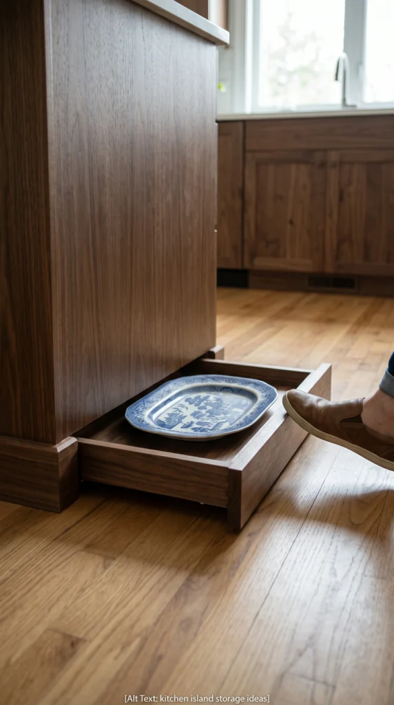 Hidden toe-kick storage drawer being opened by a foot.