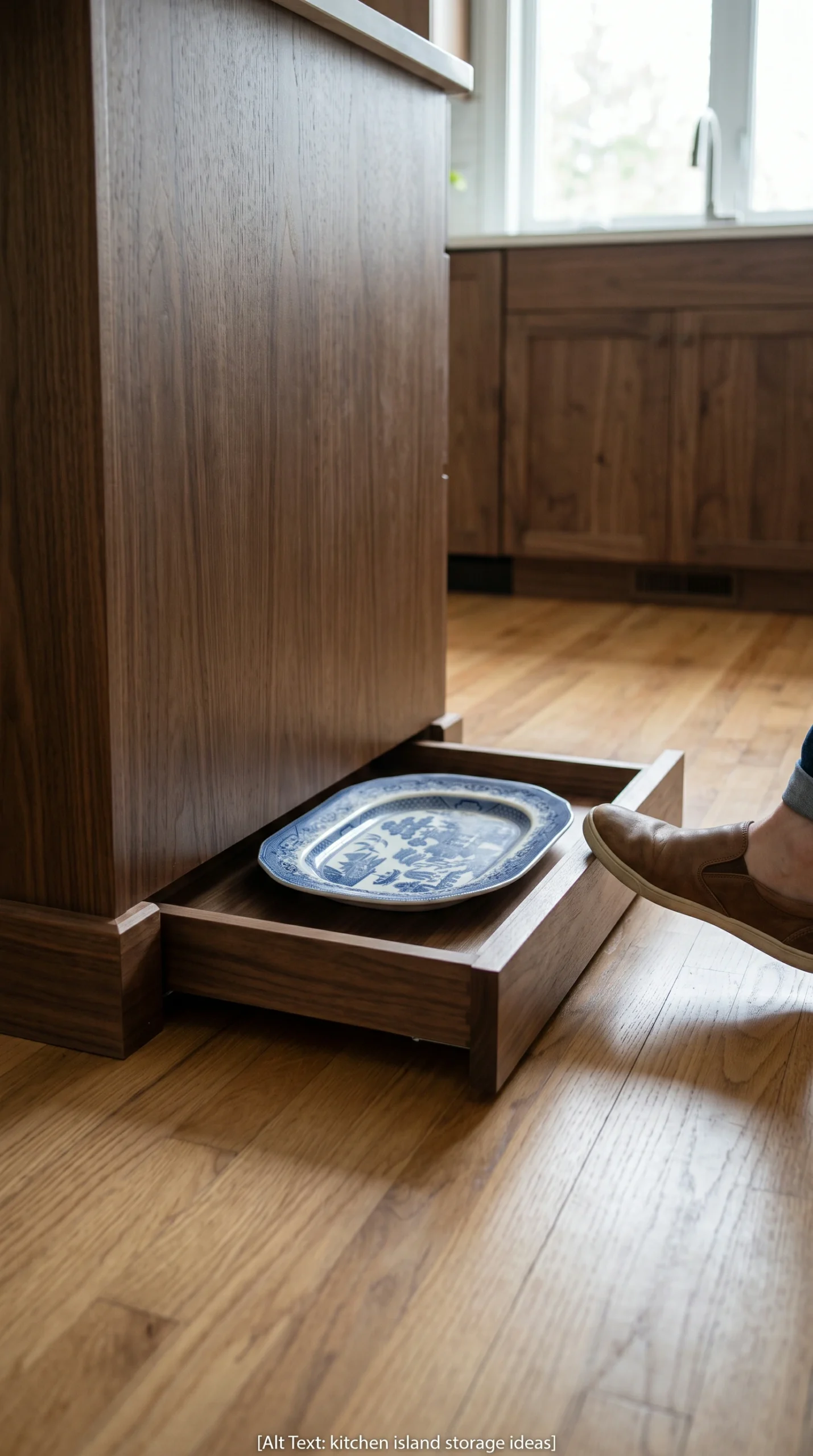 Hidden toe-kick storage drawer being opened by a foot.