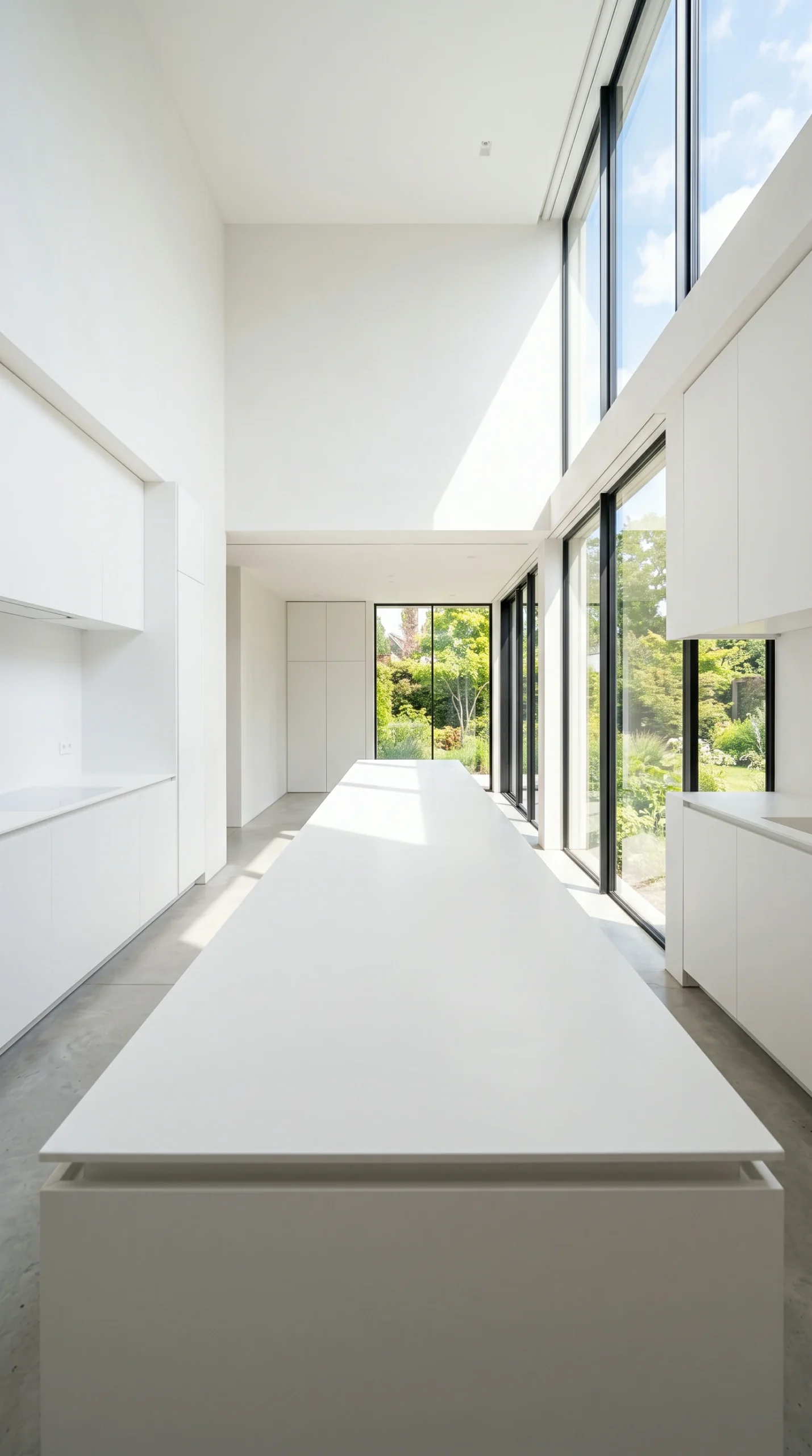 Bright natural sunlight illuminating a completely bare, long white modern kitchen counter next to large glass windows.