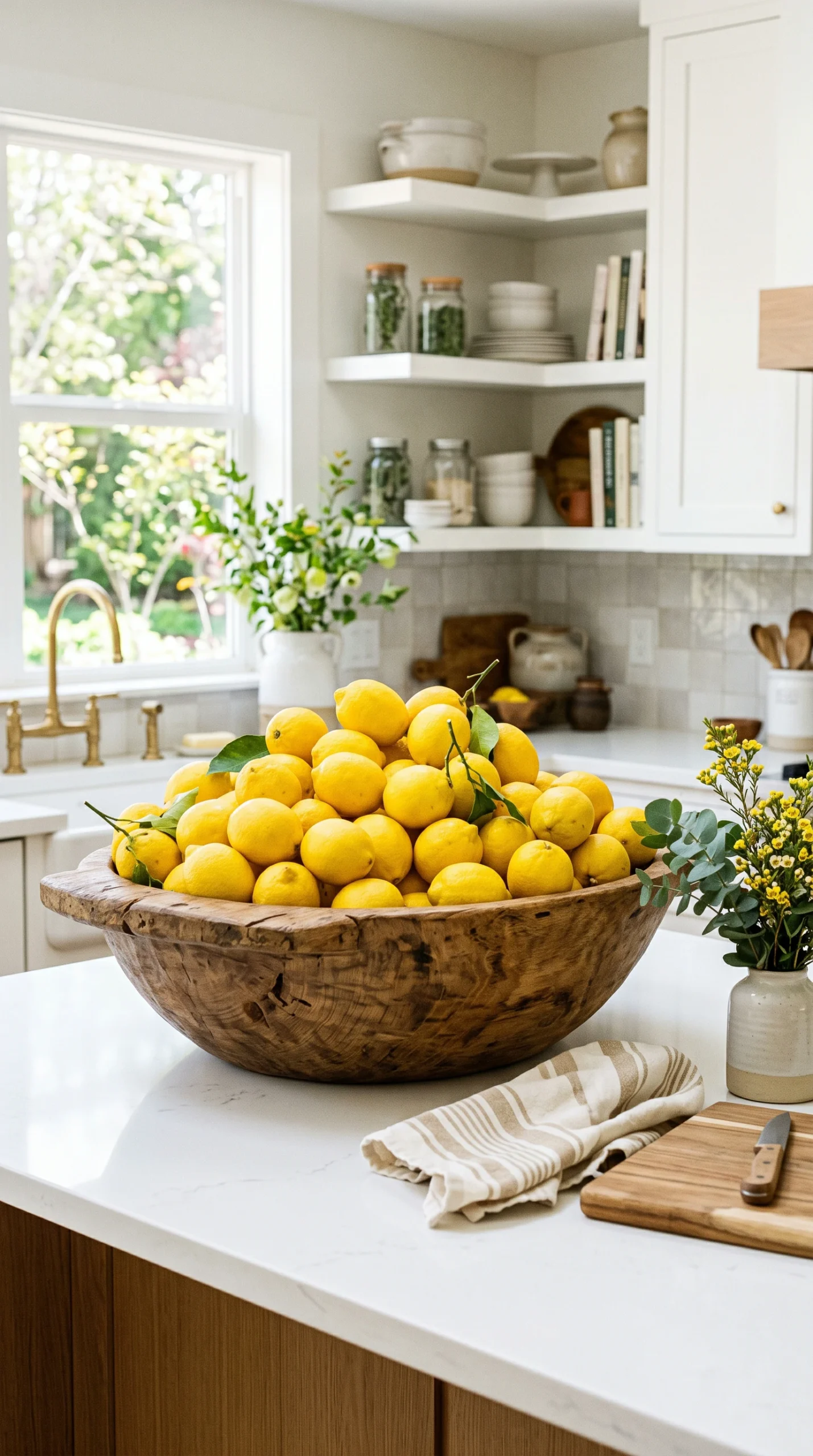 A large rustic wooden dough bowl filled with bright yellow lemons on a white kitchen island in a sunny home kitchen.