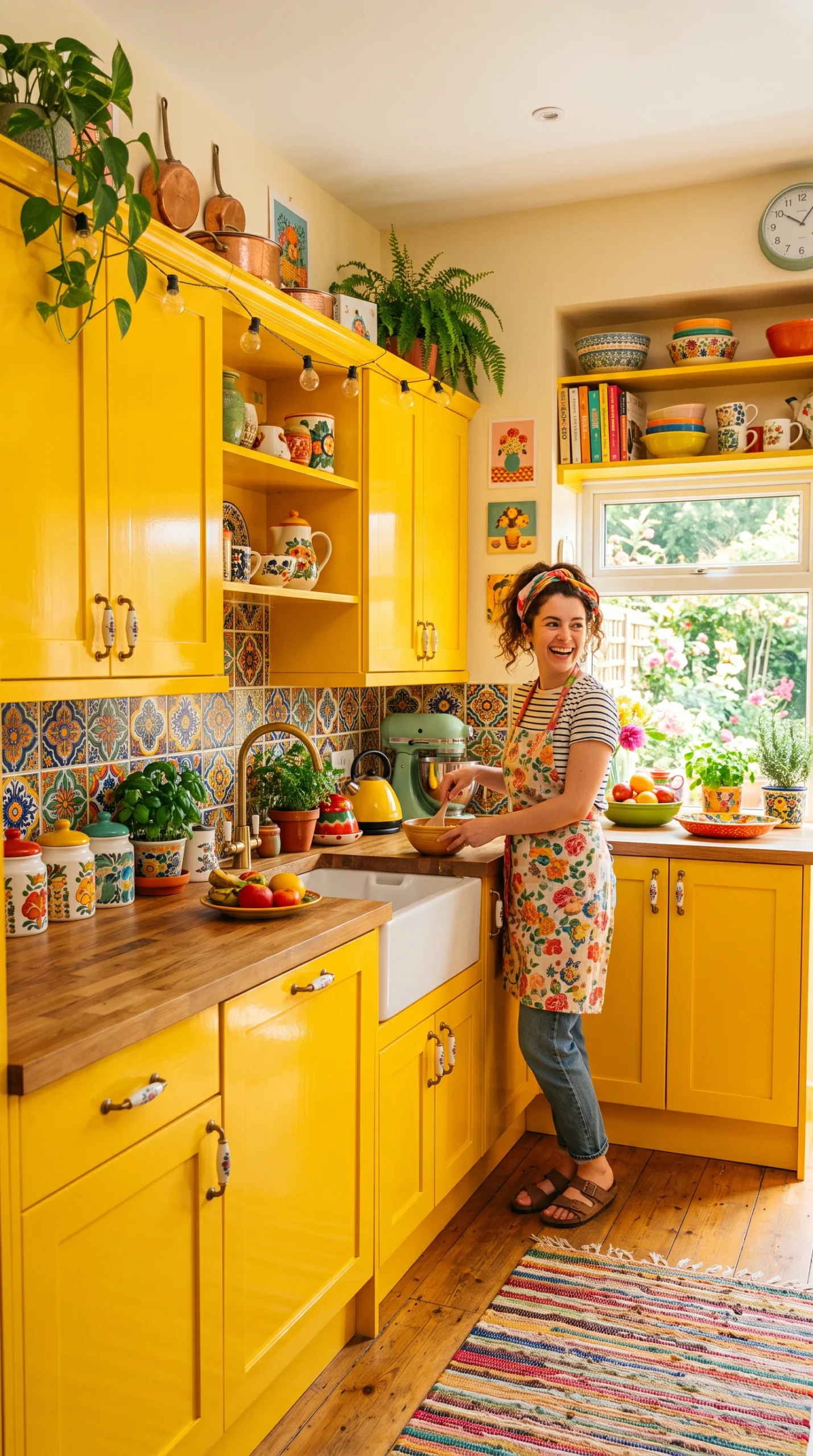 Colorful whimsical kitchen ideas: cheerful sunshine yellow cabinets, a woman cooking, and a garden view.