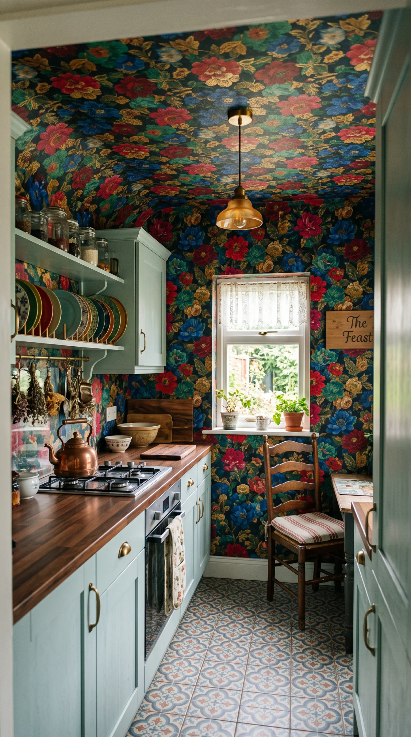 Tiny whimsical kitchen with full floral wallpaper across walls and ceiling, mint cabinets, and a copper kettle on the counter.