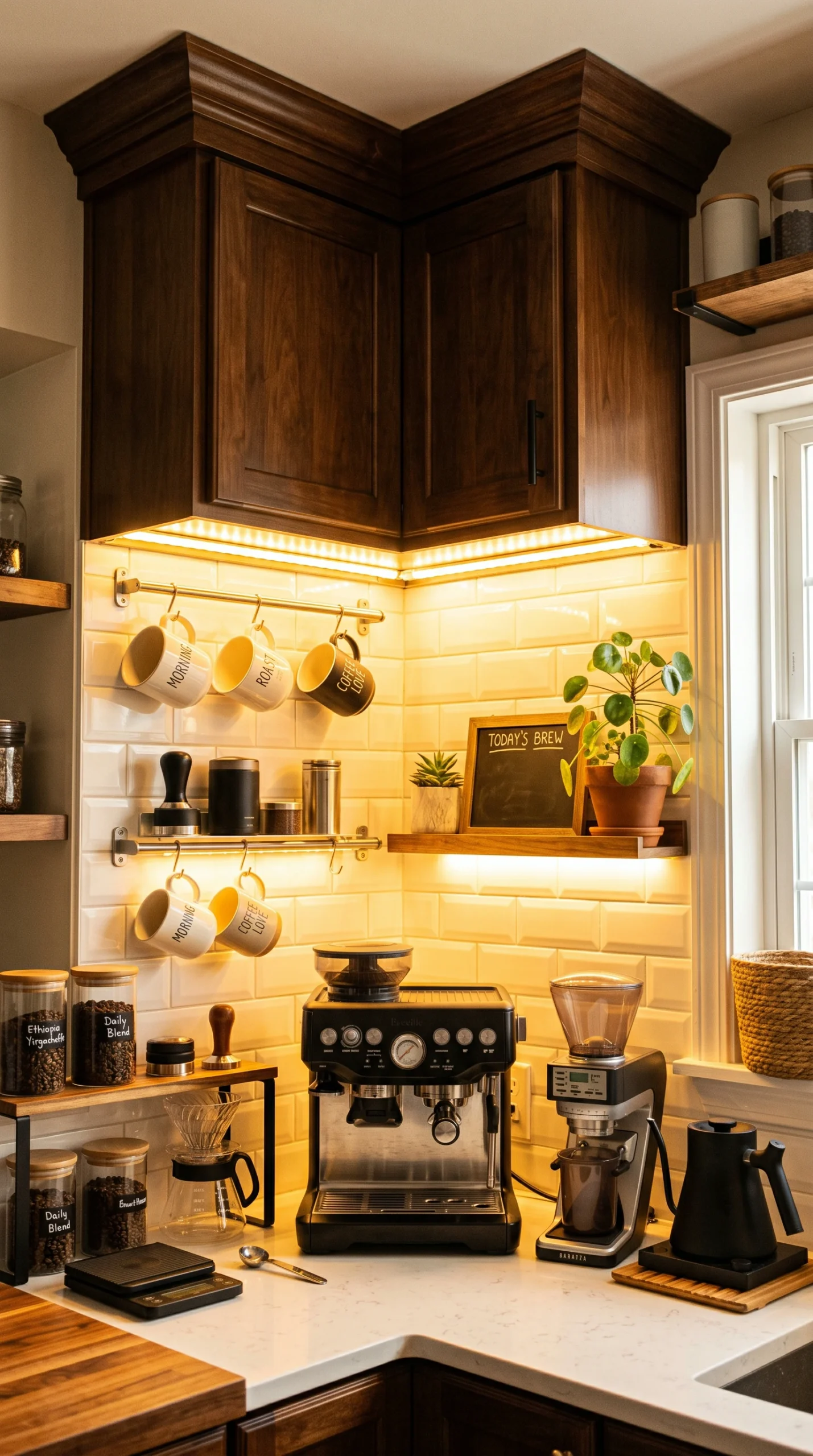Cozy dark wood corner coffee station