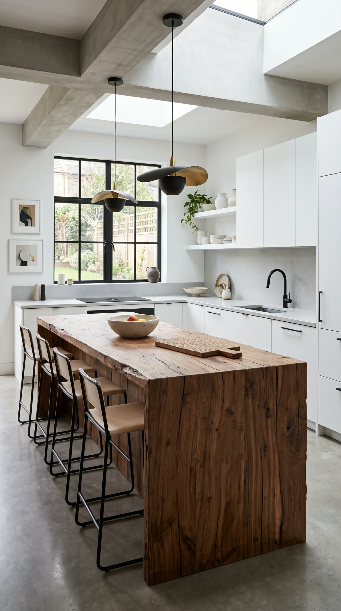 High-contrast rustic modern kitchen cabinets with white and walnut finishes.