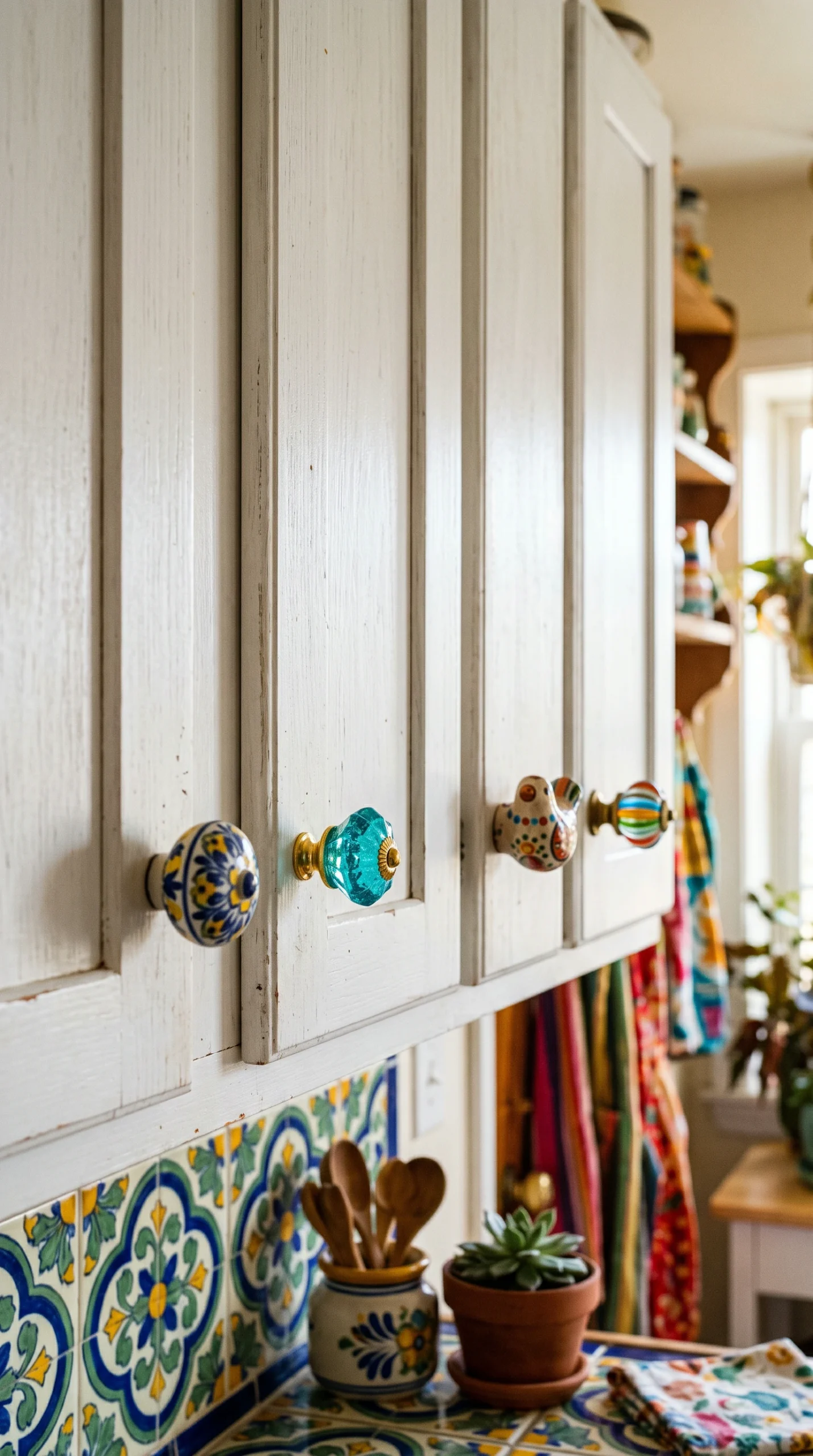 White kitchen cabinets adorned with a mismatched mix of colorful vintage ceramic and glass knobs.