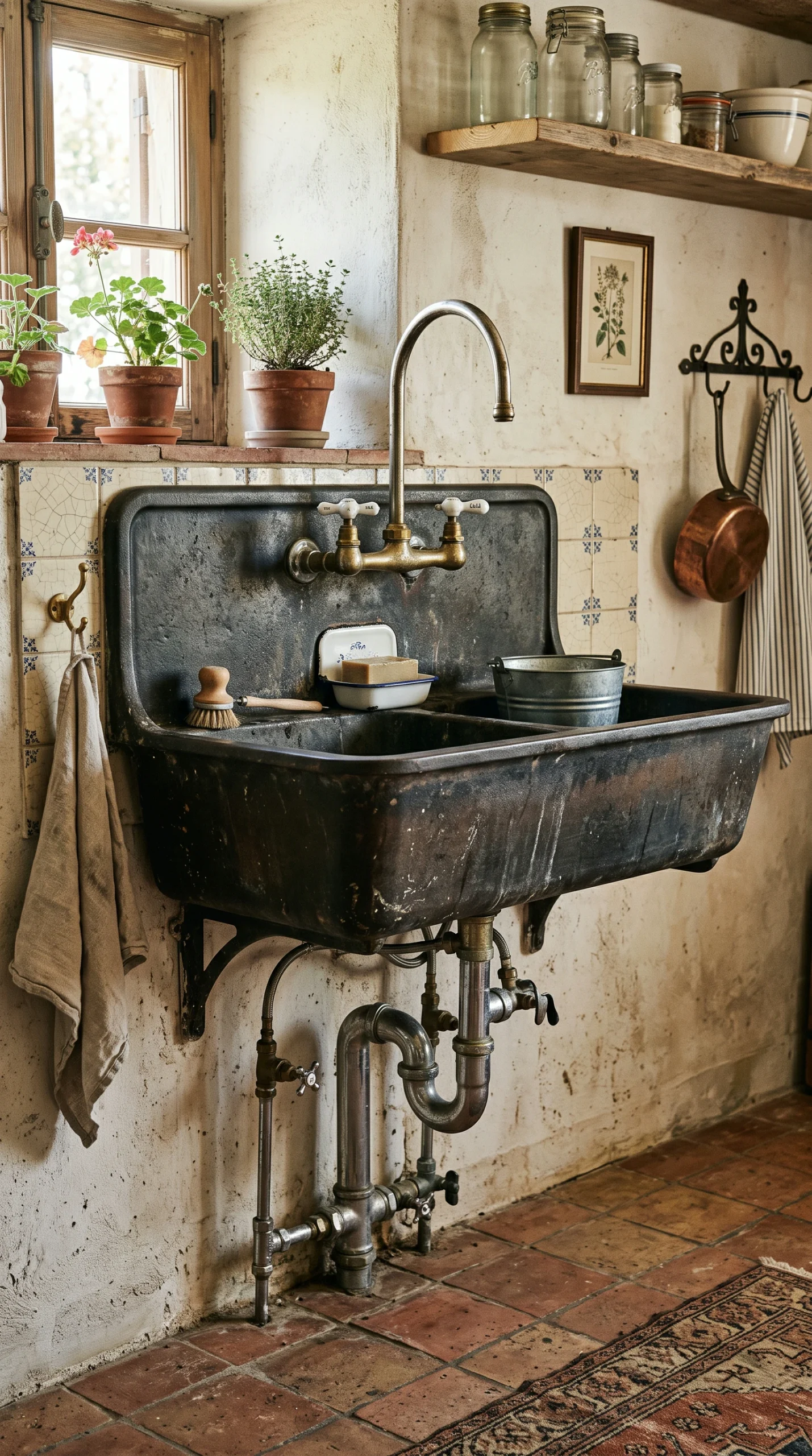 Distressed vintage cast-iron wall-mounted utility sink.