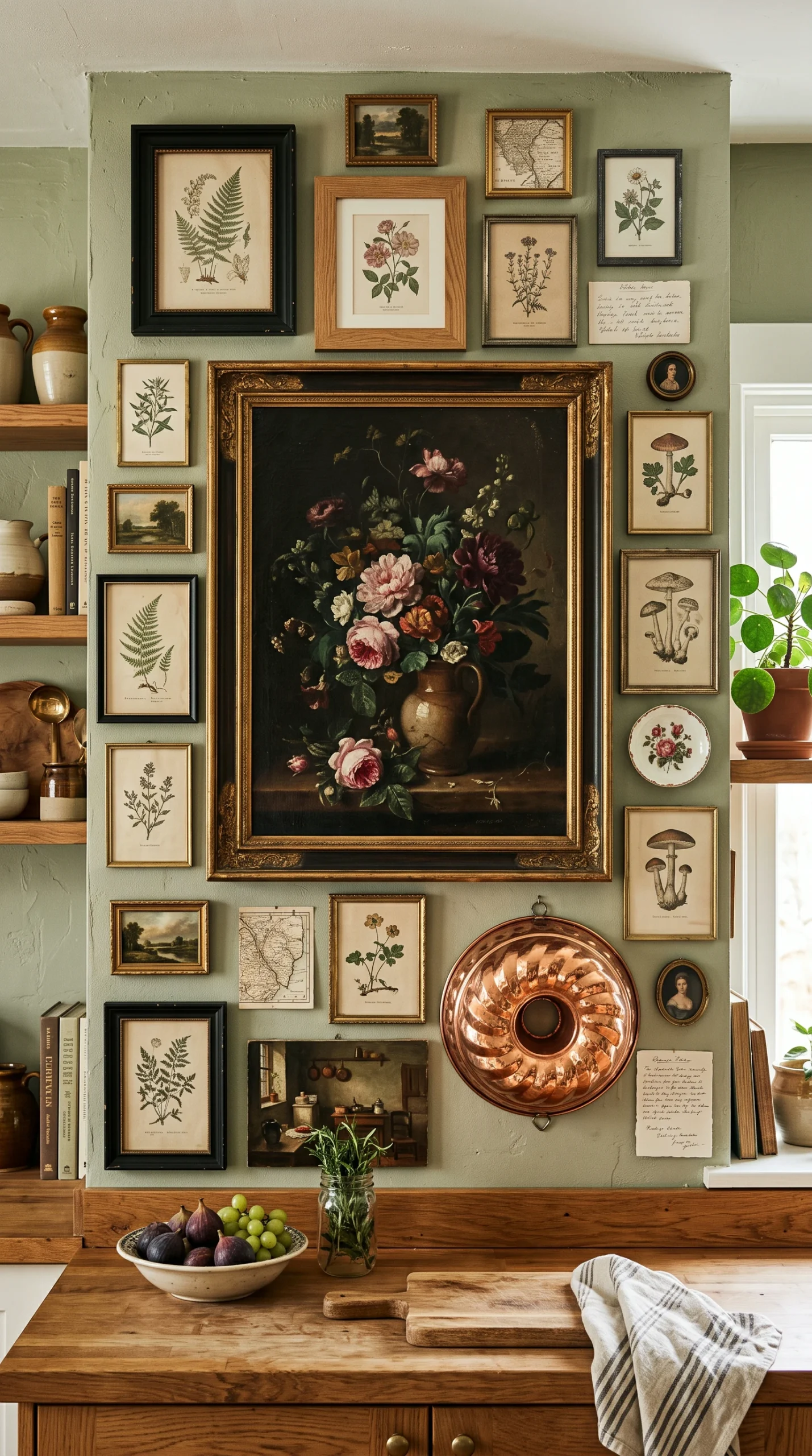 Kitchen gallery wall with large vintage painting, sketches, and copper mold.