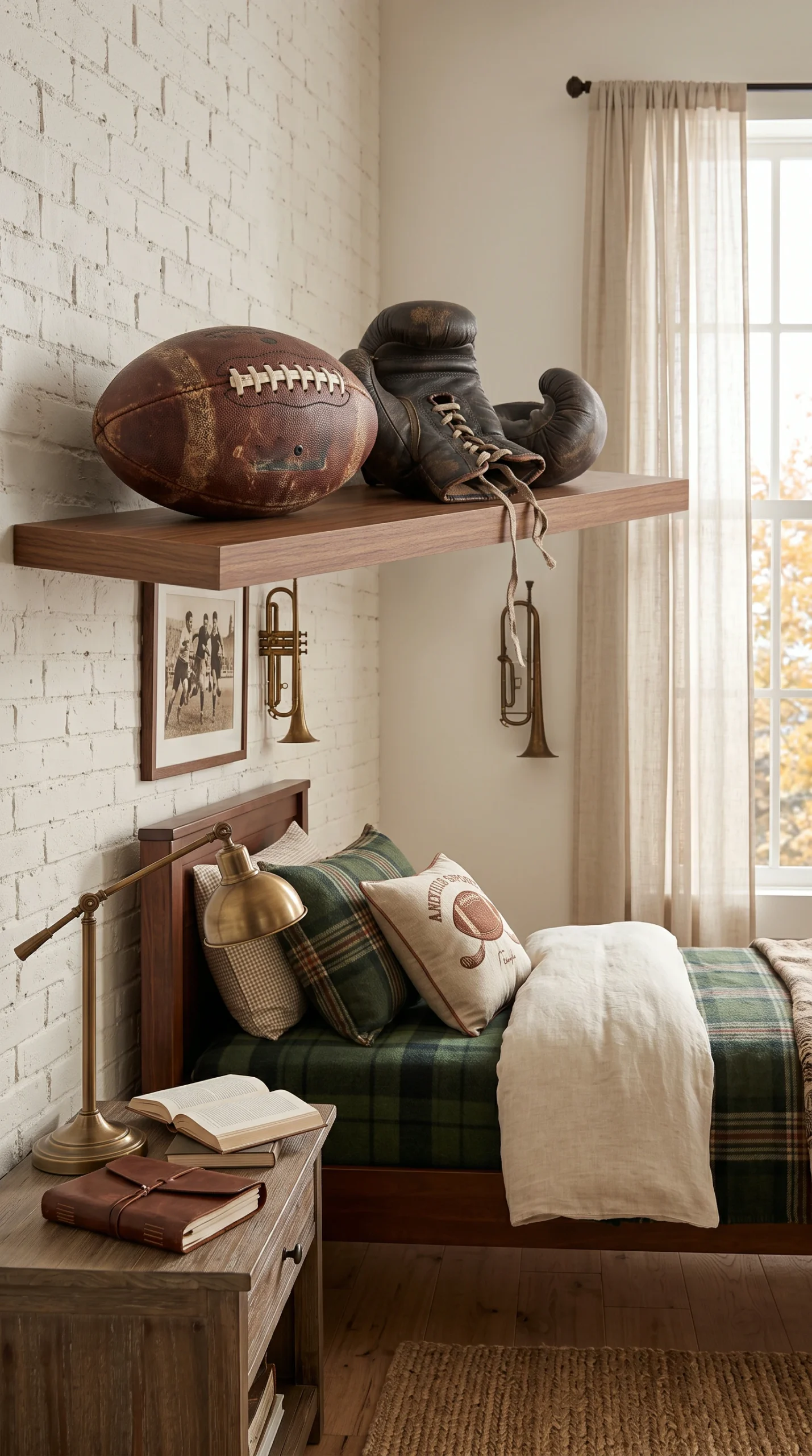 Vintage leather football and antique boxing gloves displayed on a floating wood shelf.