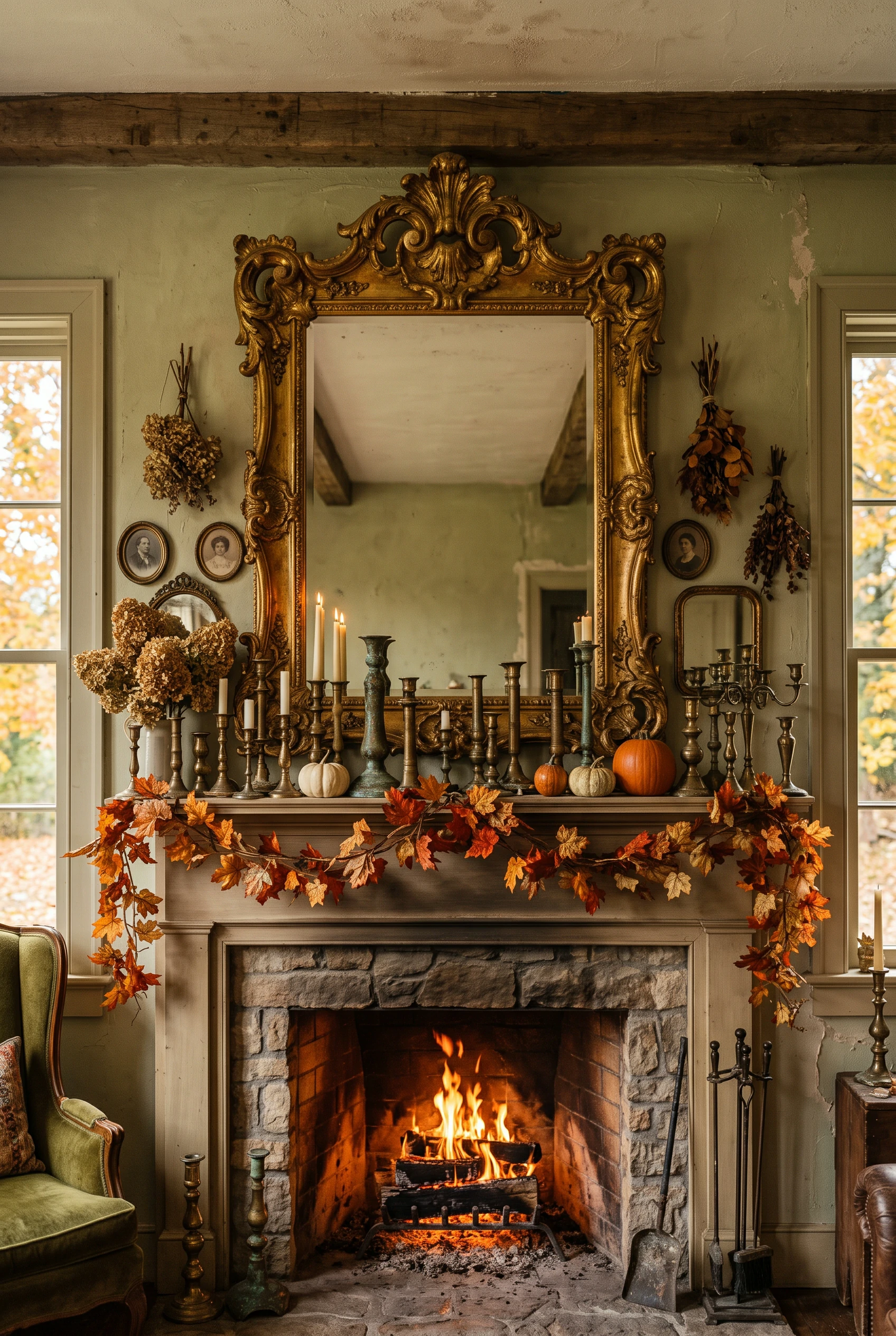 A vintage fireplace mantel adorned with fall foliage, candles, and a grand gold mirror.