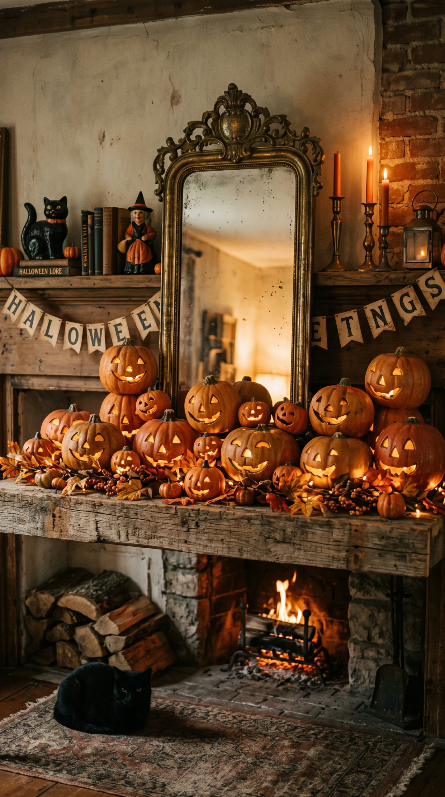 A vertical view of a nostalgic fireplace mantel decorated for Halloween with aged brass mirror, paper mache jack-o-lanterns, and autumn foliage.