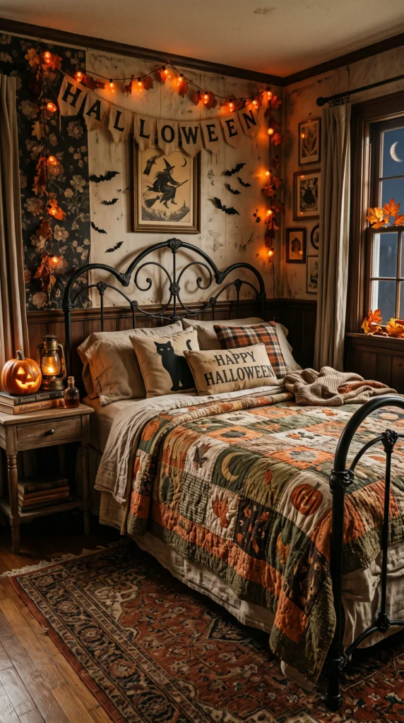 A vintage-style bedroom with a detailed black wrought iron bed and an autumn patchwork quilt.