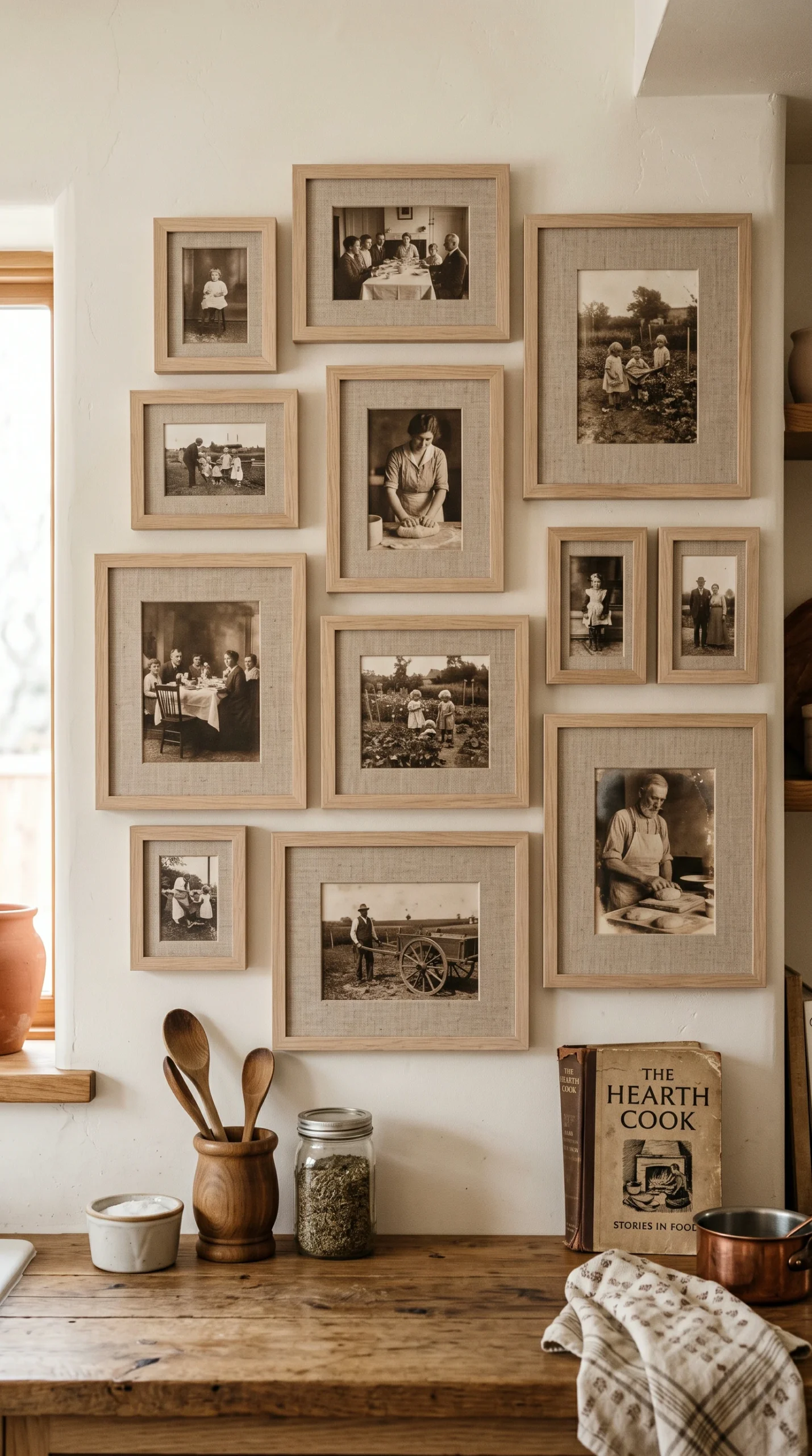 Vertical image of a neutral kitchen gallery wall with vintage sepia photographs and textured frames.