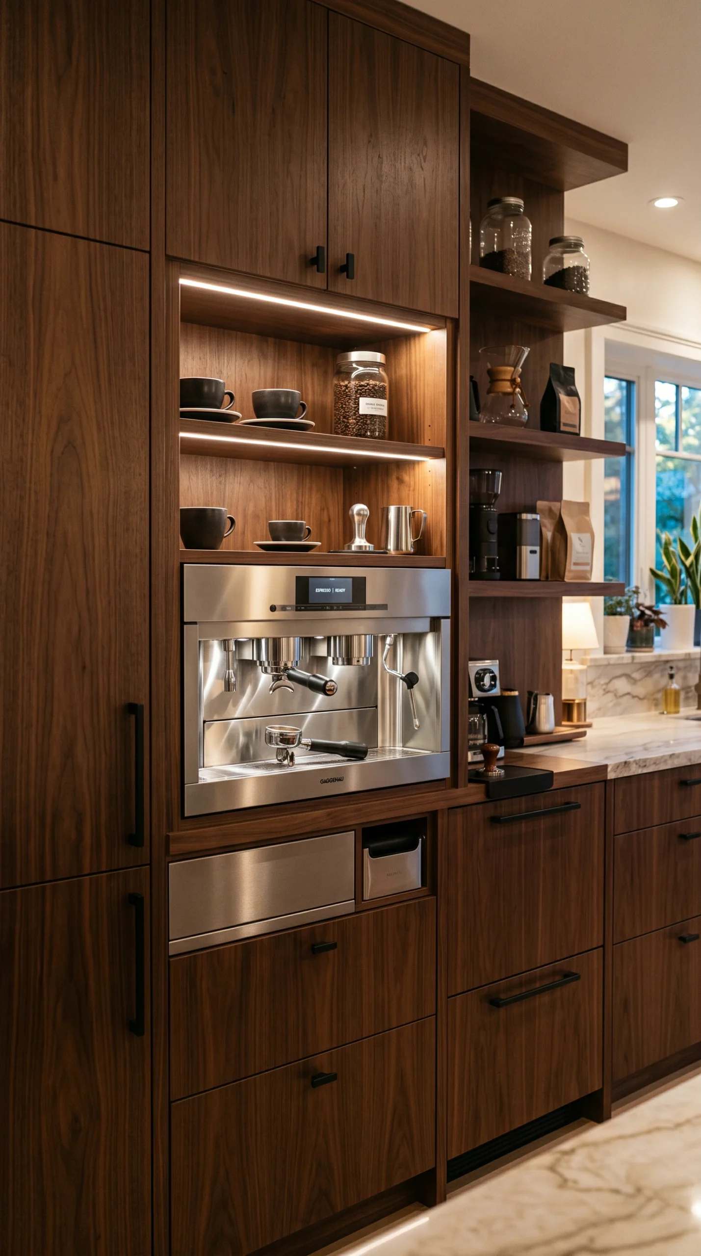 Built-in coffee station ideas: dark walnut custom cabinets with a flush professional espresso machine, shelves of cups, beans, and barista tools.